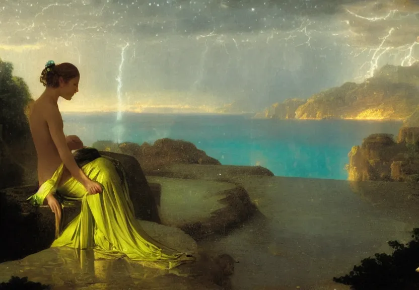 Image similar to Girl at the palace, refracted sparkles, thunderstorm, greek pool, beach and Tropical vegetation on the background major arcana sky, by paul delaroche, hyperrealistic 4k uhd, award-winning, very very very detailed