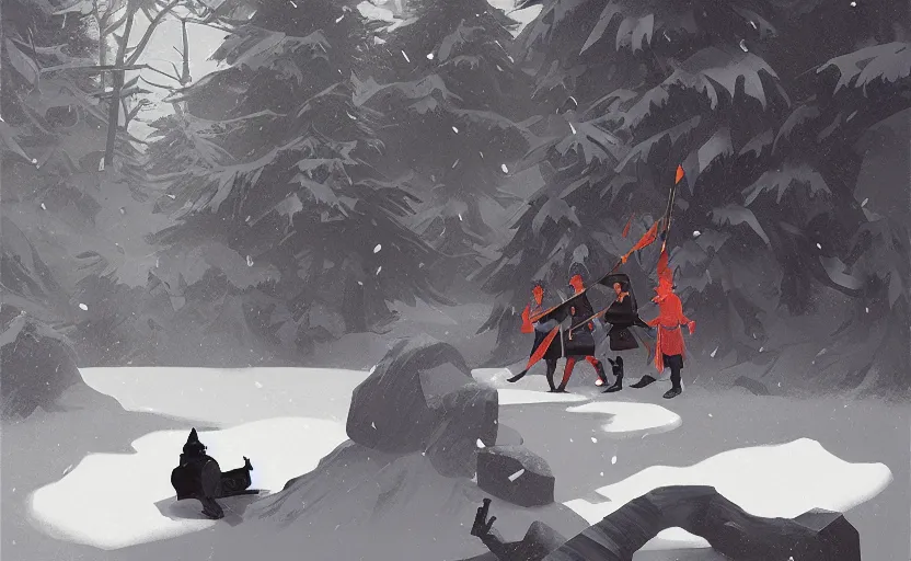 Image similar to a ancient chinese warrior scene in the snowy forest illustration by atey ghailan and escher and edward hopper