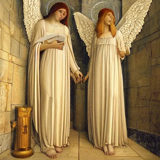 Image similar to 2 angels at the tomb of jesus, medium wide shot, edmund leighton