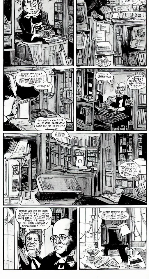 Prompt: a comic book with 4 panels of ben franklin sitting at his desk. suddenly a magic electricity portal archway opens in front of him. ben franklin is in his library. cinematic, rich colors, detailed, illustrated by greg rutowski, no words