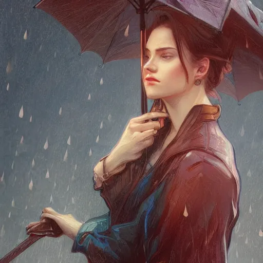 Image similar to portrait of a young woman holding an umbrella, raining, at night, looking sad, intricate, headshot, highly detailed, digital painting, artstation, concept art, sharp focus, cinematic lighting, illustration, art by artgerm and greg rutkowski, alphonse mucha, cgsociety