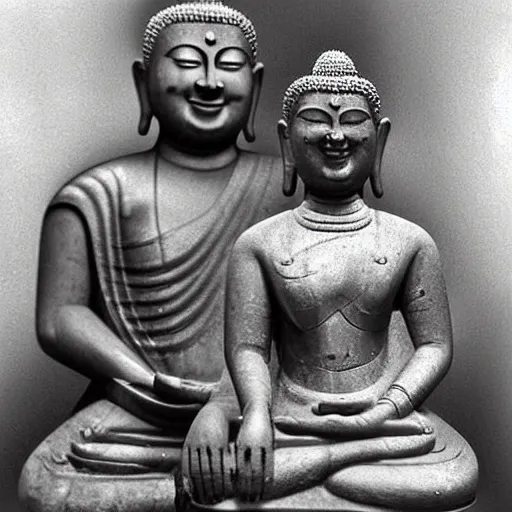 Image similar to Recovered photograph of smiling Gautama Buddha and his wife in 563 BCE. The British Museum Images Photography Collection. Sepia.