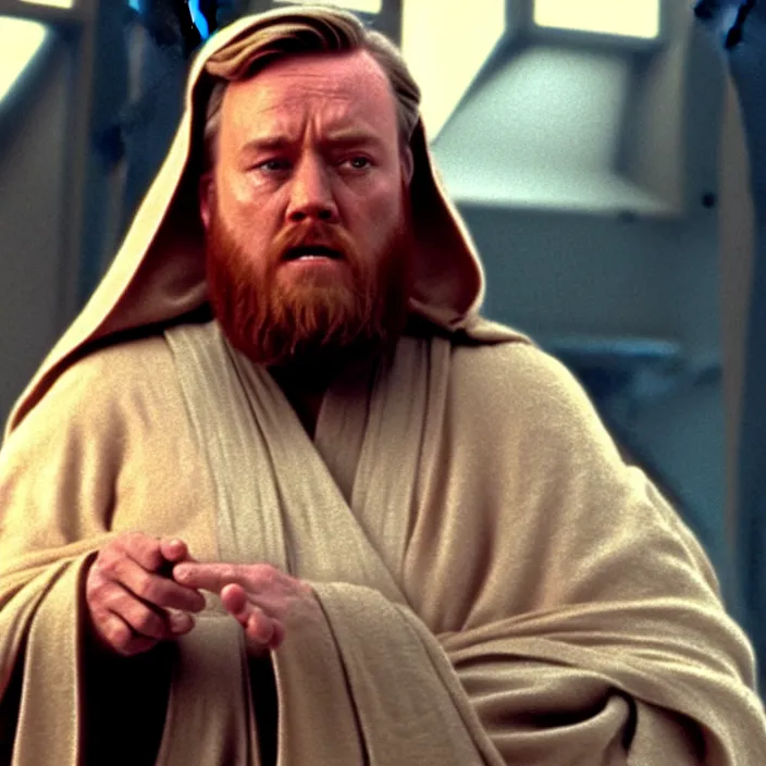 Image similar to obi wan kenobi but obese!! and overweight, photoralistic rendering, movie still, screenshot, hyperdetailed