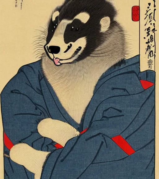 Image similar to ukiyo-e ukiyoe portrait of furry anthro anthropomorphic badger head animal person fursona wearing clothes sitting in a living room