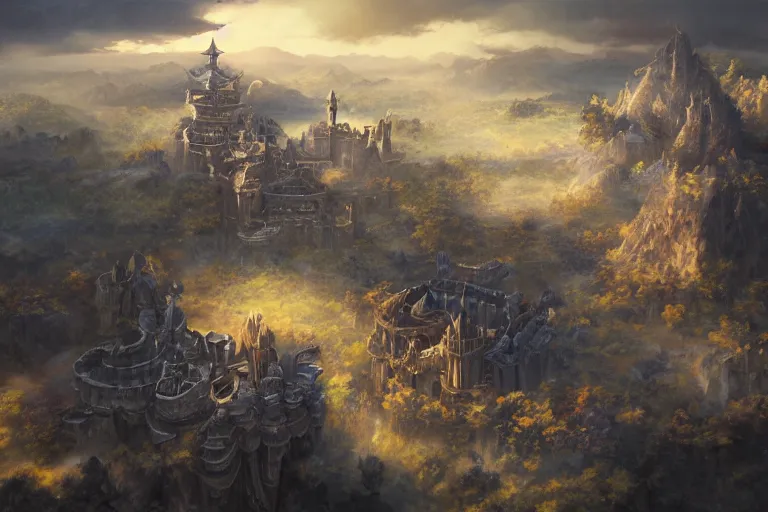 Image similar to cinematic fantasy painting, aerial view of an ancient land, sunset and ominous shadows over the kingdom, brutalist shiro himeji rivendell palace eden by jessica rossier and ( ( ( ( brian froud ) ) ) )