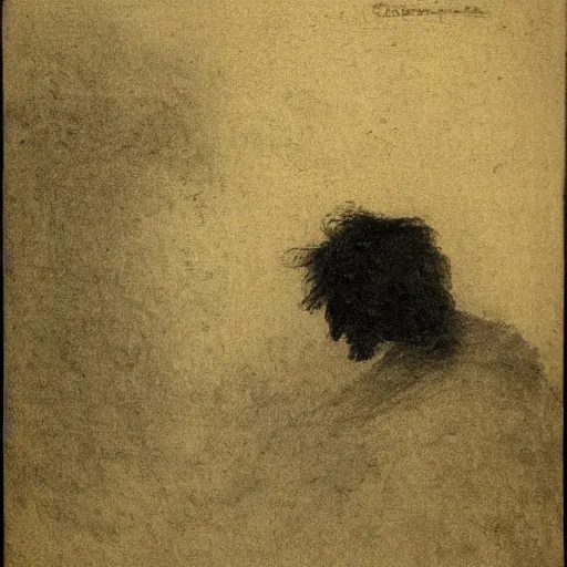 Image similar to A lonely man in the immensity drawn by Francisco de Goya