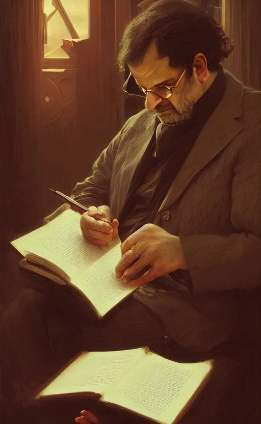 Image similar to portrait of salman rushdie reading, deep focus, d & d, fantasy, intricate, elegant, highly detailed, digital painting, artstation, concept art, matte, sharp focus, illustration, art by artgerm and greg rutkowski and alphonse mucha