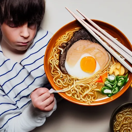 Prompt: a tiny man eating a gigantic bowl of ramen noodles, photorealistic, photograph