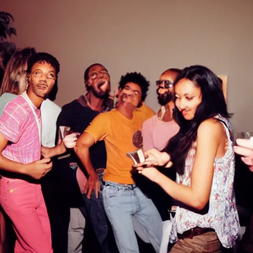 Prompt: photo of a bunch of people partying at a small house party. They are listening to snoop Dogg in the early 90's