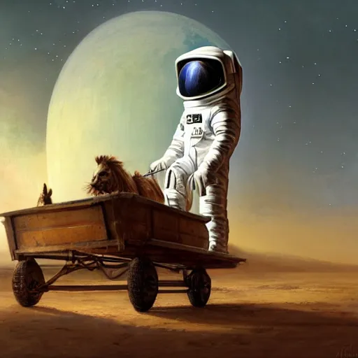 Image similar to аn anthropomorphic astronaut horse is being driven by a man on a cart, hyperrealism, no blur, 4 k resolution, ultra detailed, style of ron cobb, adolf hiremy - hirschl, syd mead, ismail inceoglu, rene margitte