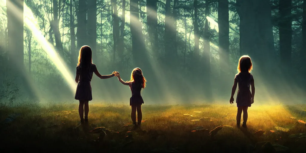 Image similar to sci - fi scene future new york, little girl alone holding onto the outstretched hand of a giant robot, forest punk, little girl meets robot, crepuscular rays, epic scene, hyper realistic, photo realistic, overgrowth, cinematic atmosphere, ethereal lighting,