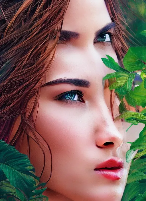 Image similar to photo of a gorgeous female in the style of stefan kostic, realistic, half body shot, sharp focus, 8 k high definition, insanely detailed, intricate, elegant, art by stanley lau and artgerm, extreme bokeh foliage