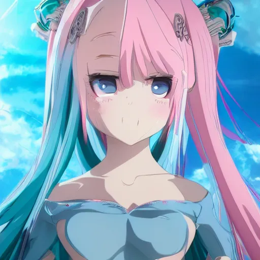 Image similar to viewed from the ground in a low angle, stunningly beautiful omnipotent megalomaniacal anime goddess with porcelain skin, pink twintail hair and mesmerizing cyan eyes, symmetrical perfect face smiling in a mischievous, devious and haughty way while looking down upon the viewer, mid view, hyperdetailed, 2 d, 8 k