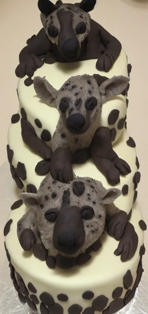 Image similar to birthday cake with a hyena sitting on top, hyena, hyena,