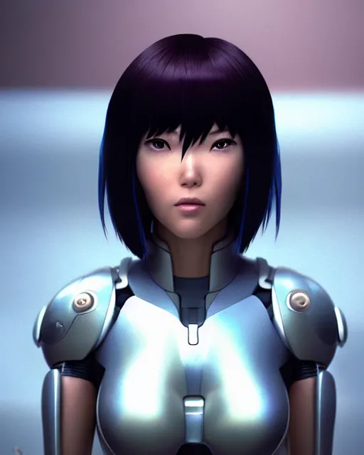 Image similar to weta disney pixar movie still portrait photo of motoko kusanagi ghost in the shell : : as cyborg woman by pixar : : by weta, wlop, ilya kuvshinov, rossdraws, artgerm, marvel, maxim cover, latex, octane render, sweaty, iridescent, bright morning, anime, liosh, mucha : :