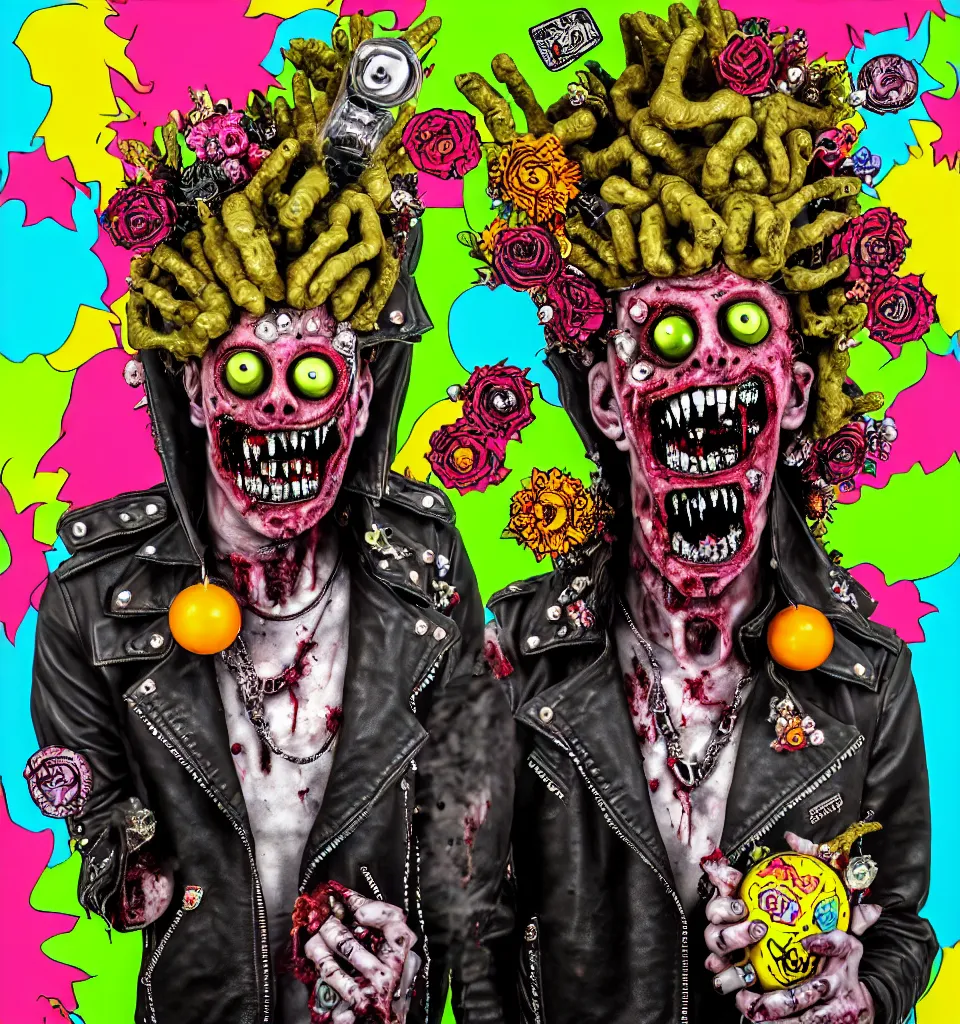 Prompt: portrait of a zombie punk rock star, leather jacket, ripped jeans, spikes, head made of fruit gems and flowers in the style of arcimboldo, basil wolverton, kenny scharf, cartoonish graphic style, street art, silkscreen pop art, action figure, clay sculpture, claymation, dramatic stage scene, spotlight lighting