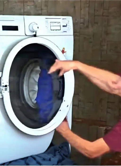 Image similar to man stuck inside a washing machine, bad quality, shaky camera, funny