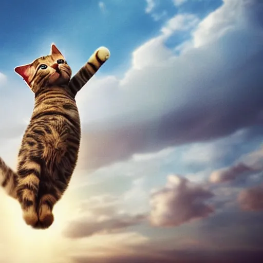 Prompt: a hyper realistic photo of a superhero cat flying in the sky. the sky is blue and it ’ s sunny. she is accelerating very fast.