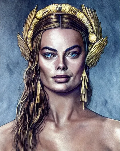 Image similar to realism tattoo sketch of margot robbie as a beautiful greek goddess aphrodite with piercing eyes wearing a laurel wreath and triangle earrings, in the style of greg rutkowski, amazing detail