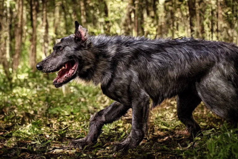 Prompt: canine werecreature, color photograph captured in the woods