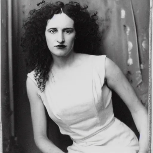 Prompt: tintype, smoke offhand by ossip zadkine. a beautiful photograph of a woman with long curly hair, wearing a white dress & sitting in a chair in front of a window with a view of a mountainside.