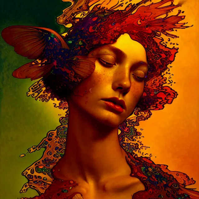 Image similar to psychedelic transcendent freckled face mind bending psychedelic wings of glossy liquid honey flowing like kaleidoscopic translucent amber, lsd feathers, honey wind, enlightenment, high contrast dappled lighting, refracted sunset, highly detailed, concept art, art by collier, albert aublet, krenz cushart, artem demura, alphonse mucha