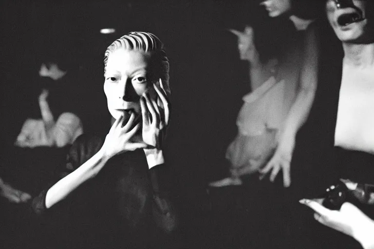 Prompt: Tilda Swinton at a nightclub in a Wong Kar-wai film, 35mm film