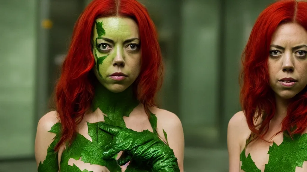 Image similar to Aubrey Plaza as Poison Ivy in The Dark Knight, green skin film still from the movie directed by Denis Villeneuve, wide lens