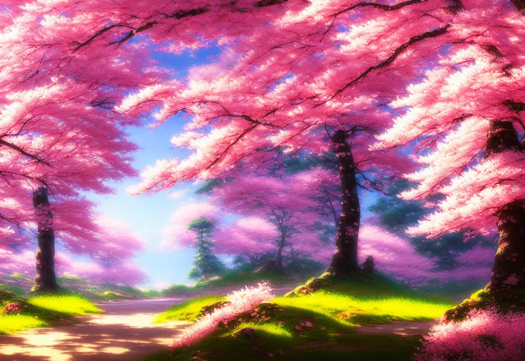 Image similar to a real photographic landscape painting with incomparable reality, wide angle, in forest, flowers, cherry blossom tree in full bloom, bright style, mount fuji, clearing, magnificent, artstation, art by makoto shinkai