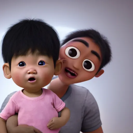 Image similar to a shocked asian man holds dark skinned baby at hospital, he can ’ t believe his eyes, award winning art, pixar, 3 d render, unreal engine