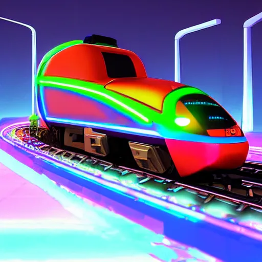 Image similar to cybertronic neon train, mechanical, glowing, shooting flames