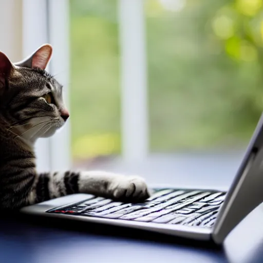 Image similar to a cat looking up cat videos on a computer using mouse with paw, 85mm f1.8