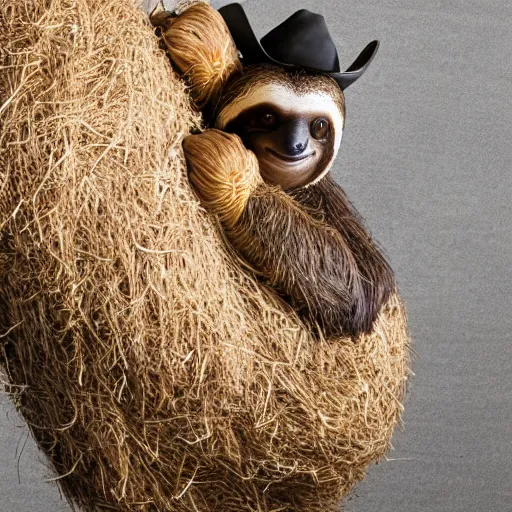 Prompt: a studio photo of a sloth using a cowboy hay