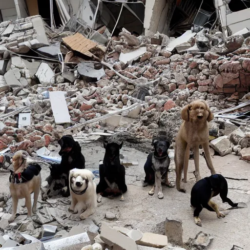 Prompt: seven eager dogs, standing in a rubble after a building collapsed, journalistic photograph.