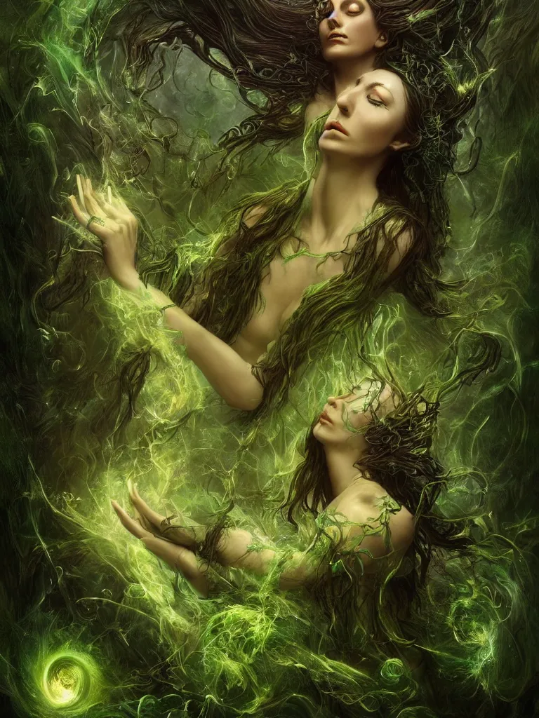 Image similar to an ancient mystical alluring beautiful female witch generating flowing energy and surrounded by wisps of green magic sits meditating in an overgrown garde, by karol bak, 3 d, cinema 4 d render, trending on artstation