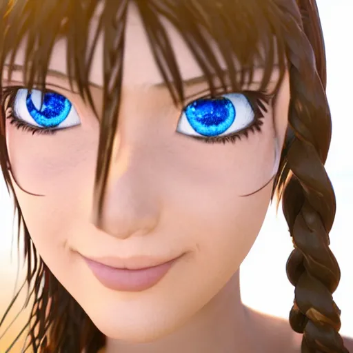 Prompt: Render of a beautiful 3d anime woman holding a birthday cake to show the camera, braided hair loops, Inuit heritage, blue eyes, full round face, proud smile, golden hour, serene beach setting, medium shot, mid-shot, hyperdetailed, trending on Artstation, Unreal Engine 4k