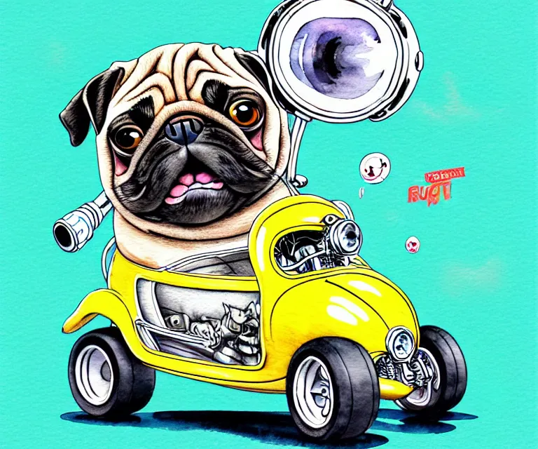 Image similar to cute and funny, pug wearing a helmet riding in a tiny hot rod with oversized engine, ratfink style by ed roth, centered award winning watercolor pen illustration, isometric illustration by chihiro iwasaki, edited by range murata, symmetrically isometrically centered