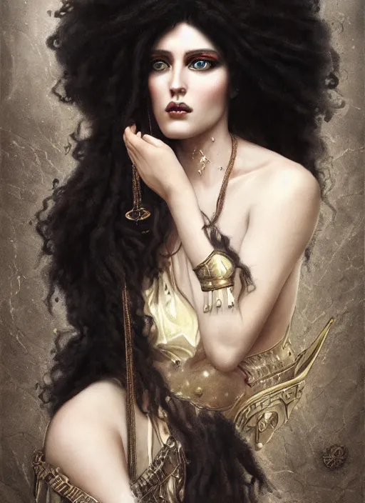 Prompt: portrait of cassandra the trojan prophetess, wild black curly hair, by bogdan rezunenko and denys tsiperko and tom bagshaw, magic realism