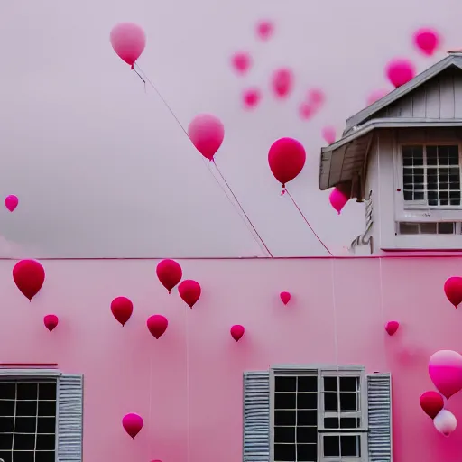 Image similar to a 5 0 mm lens photograph of a cute pink floating modern house, floating in the air between clouds, inspired by the movie up, held up from above by heart ballons. mist, playful composition canon, nikon, award winning, photo of the year