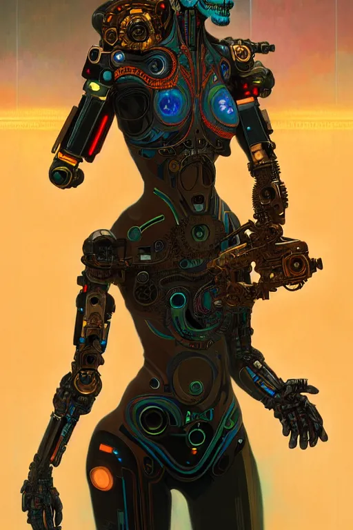 Image similar to ultra detailed, the creation of a female android, sci - fi, triadic color scheme, ( dia de los muertos ), asymmetrical, intricate concept art, art by godmachine and michael welan and dzo and greg rutkowski and alphonse mucha and loish and wlop