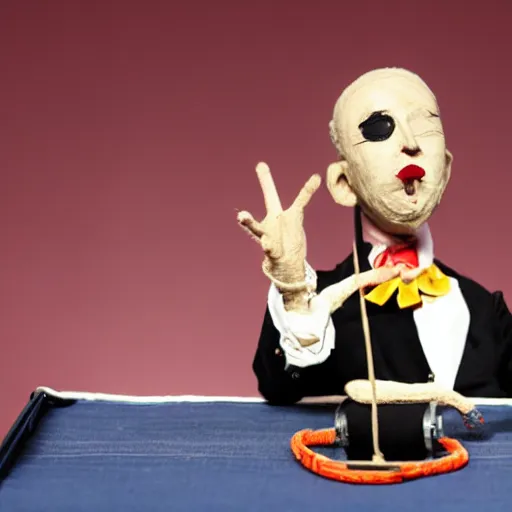 Image similar to mad puppeteer using marionette of a president in a podium