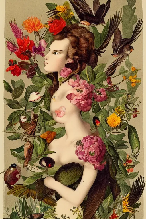 Image similar to beautiful girl Amalgamation with flowers, fruits, birds by Beto Val, John James Audubon, vintage illustration, bizarre compositions, Exquisite detail