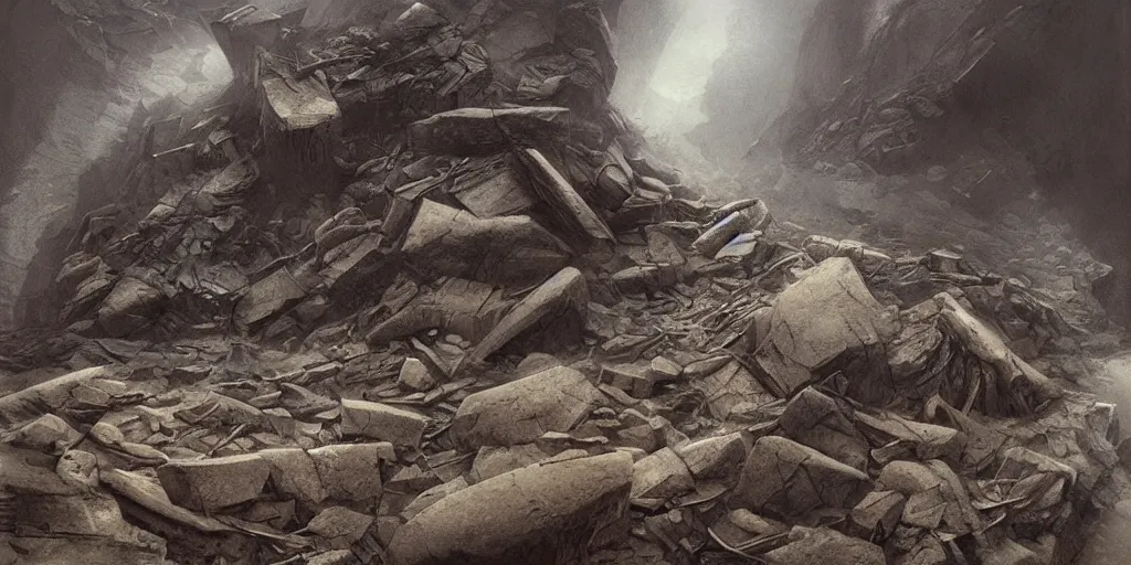 Image similar to landslide, debris, illustration, detailed, smooth, soft, cold, by Adolf Lachman, Shaun Tan, Surrealism