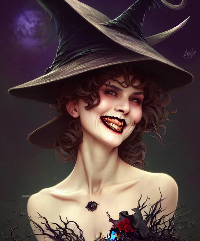 Image similar to halloween witch woman in a hat smiles, fantasy magic, undercut hairstyle, dark light night, intricate, elegant, sharp focus, illustration, highly detailed, digital painting, concept art, matte, art by wlop and artgerm and greg rutkowski and alphonse mucha, masterpiece