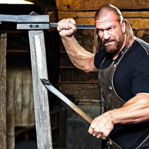 Image similar to triple h as blacksmith make his hammer