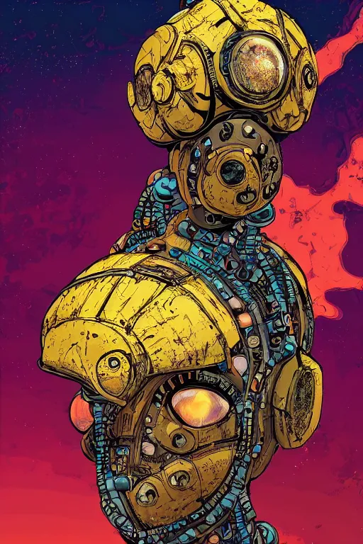 Image similar to Afrofuturism, a zulu voodoo mask helmet bot borderland that looks like it is from Borderlands and by Feng Zhu and Loish and Laurie Greasley, Victo Ngai, Andreas Rocha, John Harris