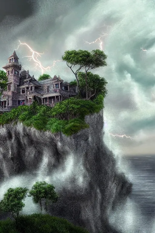 Image similar to Ultra Realistic Hyper detailed Fantasy view of a Haunted Mansion overlooking the cliffs edge where ocean waves are crashing during a lightning storm.