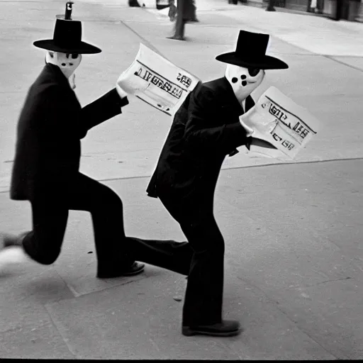 Prompt: spy vs spy 1960s street performers, realism, detailed analog film photography