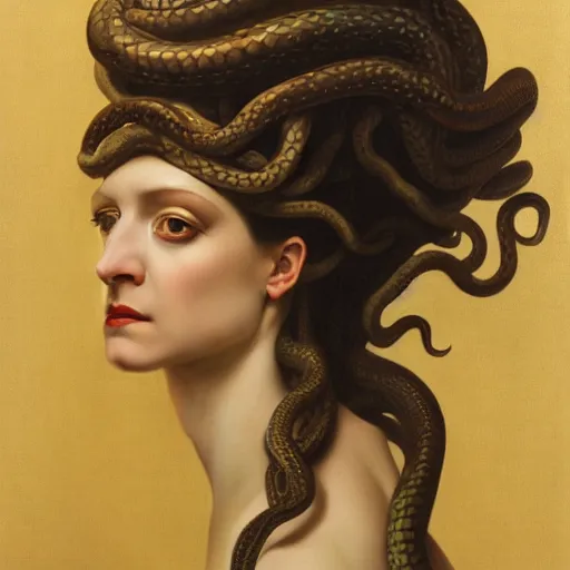 Prompt: Portrait of The Goddess Queen of snakes, medusa by Roberto Ferri, oil painting, dark background, 4k, decorative