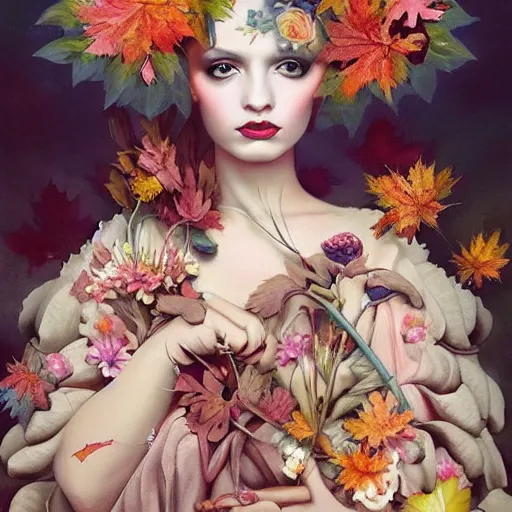 Prompt: pop surrealism, lowbrow art, realistic spanish woman painting, full covered dress, 🍁🌾🍁🍃🌺🌫 with flowers, hyper realism, pastel colours, rococo, natalie shau, loreta lux, tom bagshaw, mark ryden, trevor brown style